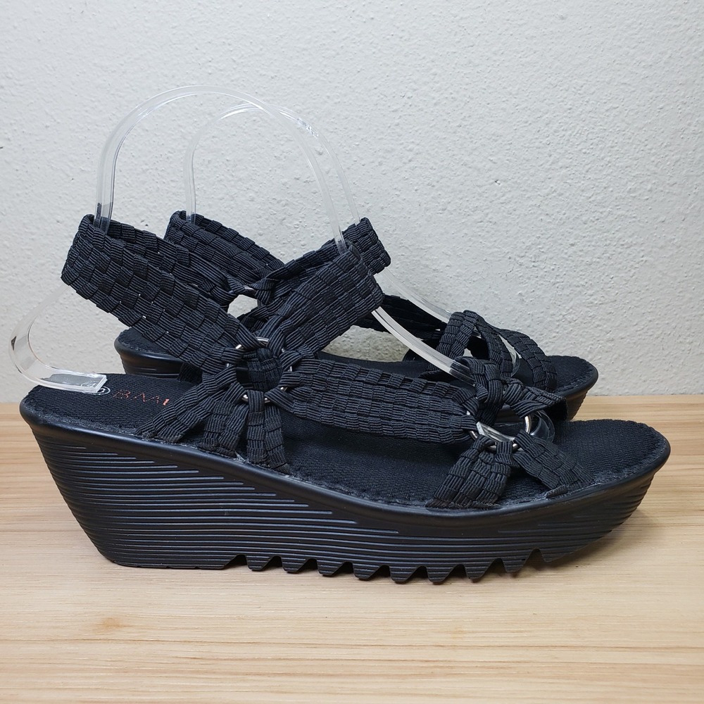 Bernie Mev Woven Wedge Sandals Black Stretchy Straps Coastal Beachy Size 9